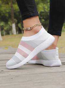 女士休閒時尚夏季透氣網面運動鞋，輕鬆穿脫，舒適適合步行和網球鞋 - 白色 - 查看 4