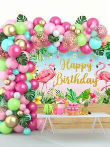 1套夏威夷主題氣球乳膠串拱套裝及背景橫幅，夏威夷火烈鳥主題夏日嘉年華派對海灘裝飾，生日派對背景裝飾婚禮派對用品