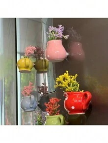 6入組迷你陶瓷花瓶磁鐵-3D花卉冰箱裝飾，強力吸附和獨特禮物 - 彩色 - 查看 3