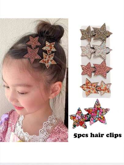 5pcs Girl's Fashionable Glitter Rhinestone Star Hair Pins Set For Fixing Hair & Decoration, Suitable For Daily Wear