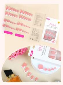 48入組手足套裝壓克力假指甲，白色法式假趾甲，極簡短方形假甲，適用於夏季女性及女孩子的裝飾指甲，美甲用品 - 彩色 - 查看 2