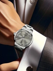 1pc Men's Silver Stainless Steel Strap Business Style Luxury Automatic Calendar Watch