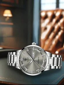 1pc Men's Silver Stainless Steel Strap Business Style Luxury Automatic Calendar Watch