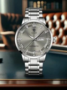 1pc Men's Silver Stainless Steel Strap Business Style Luxury Automatic Calendar Watch