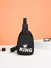 1pc Unisex Kids Nylon Zipper Crown & Letter Pattern Chest Bag, Suitable For Daily Use, Christmas Gift - Black - View 2