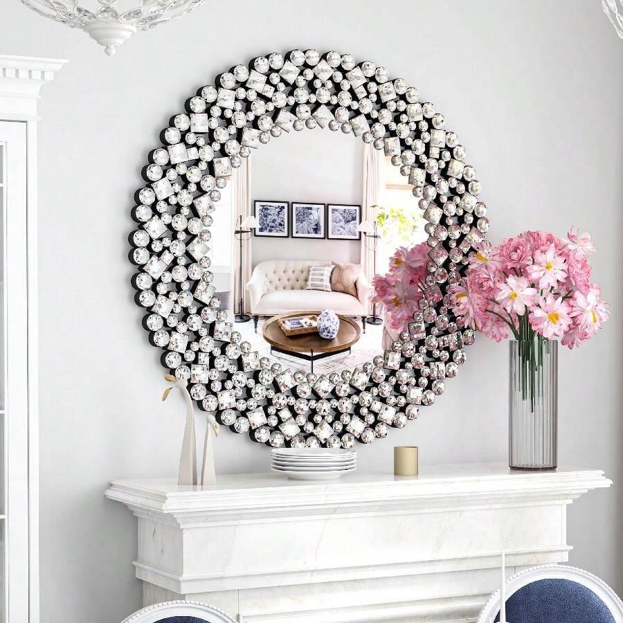 34-Inch Oversized Crystal Round Wall Decor Mirror, Jeweled Ornate Accent, Sparkly Chic For Living Room, Fireplace - Silver - View 1