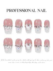 10 件半透明粉色钻石形手工按压指甲，适合女孩，短棺材形闪光法式假指甲，可重复使用的芭蕾指甲，带果冻凝胶和指甲锉，适用于 DIY 美甲音乐节按压指甲美甲用品