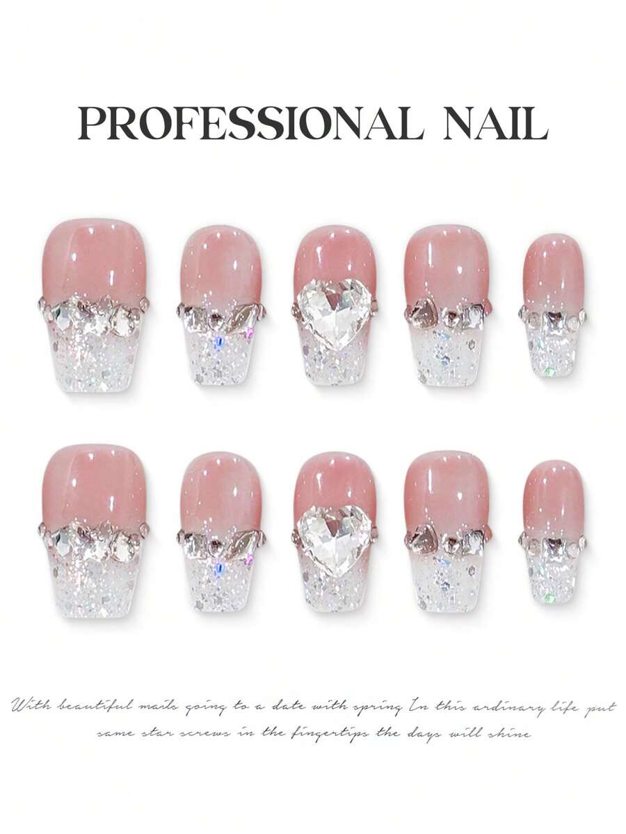 10 件半透明粉色钻石形手工按压指甲，适合女孩，短棺材形闪光法式假指甲，可重复使用的芭蕾指甲，带果冻凝胶和指甲锉，适用于 DIY 美甲音乐节按压指甲美甲用品