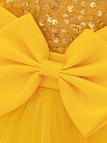Baby Girls Solid Color Sequin Mesh Bow Tulle Cake Dress Sleeveless Cute Flower Girl Party Dress, Suitable For Outdoor Party, Excluding Headband - Yellow - View 7