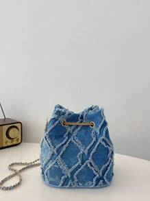 New Classic Versatile Solid Color Rhombus Textured Metal Drawstring Closure One Shoulder Bucket Bag, Elegant Women Wallet, Suitable For Shopping, Commuting, Parties And Other Occasions - Blue - View 7