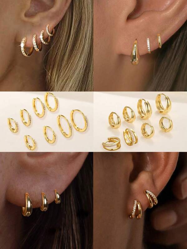 8 piezas-2 Sets de aretes de cobre con circonitas brillantes, elegantes, delicados y sencillos, incluyendo aros con forma de C, adecuados para festivales, vacaciones, fiestas, citas y uso diario, excelentes regalos