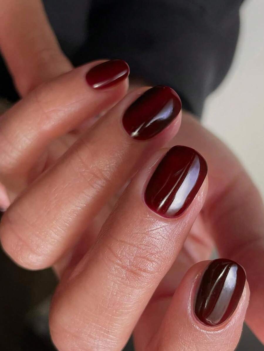 24 uñas cortas de color vino tinto, uñas simples + 1 pieza de pegamento de gelatina + 1 lima de uñas, conjunto adecuado para la decoración diaria de niñas y mujeres, suministros de uñas de prensa - Burdeos - Ver 1