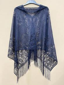 1 pieza Elegante Poncho primavera/verano de encaje de unicolor, chal protector solar con múltiples opciones de uso para mujeres