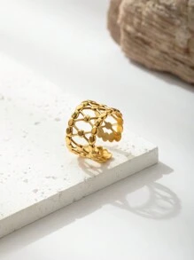 6pcs 18K Gold Plated Stainless Steel Rings Gift Set For Women, Geometric, Water Drop, Hug, Asymmetrical Shaped, Vintage French Design Jewelry, Ideal For Halloween, Christmas, Gifts - Yellow Gold - View 7