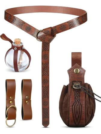 5pcs/Set Renaissance Accessories, Medieval Viking Embossed PU Leather Belt, Waist Bag, Hanging Strap And Potion Bottle For Cosplay Costume Festival Party Halloween