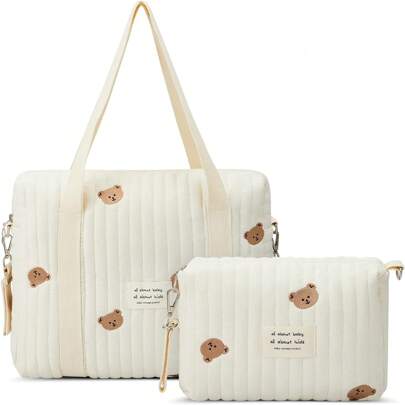 Bộ 2 túi đựng tã du lịch cho mẹ, túi đa năng cho bà bầu với chất liệu cotton chần bông thêu, túi đựng đồ dễ thương gắn trên xe đẩy cho bé.