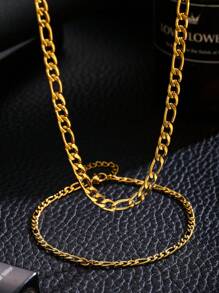 2pcs/Set Boys Minimalist Golden Plated Stainless Steel Figaro Chain Necklace & Bracelet For Kids For Party Banquet Festival Dates For Daily Wear