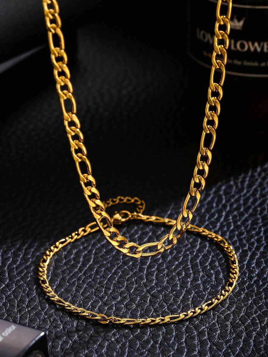 2pcs/Set Boys Minimalist Golden Plated Stainless Steel Figaro Chain Necklace & Bracelet For Kids For Party Banquet Festival Dates For Daily Wear