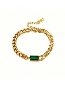 1 件不锈钢绿色锆石分层嘻哈手链，适合日常佩戴