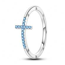 925 Sterling Silver Blue Zirconia Ocean Blue Cross Ring, Including Gift Box, 1pc, For Women's Romantic, Fashionable, Simple, Elegant, Everyday, Gifting, Versatile, Party - Sea Blue Ring - View 13
