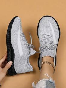 Women's Fashionable Lace-Up Front Low Top Slip On Sneakers, Casual Comfortable Splash Ink Sole Ankle Socks Shoes, Knit Breathable Sports Running Shoes For Daily Wear Spring