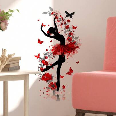 1入組自粘蝴蝶芭蕾舞女壁貼，適用於臥室客廳門廳家庭裝飾