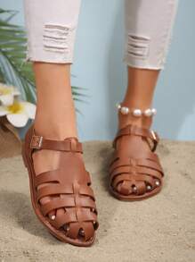 Sandálias Casuais Planas de Estilo Vintage Fechadas na Ponta 2025, Sapatos Romanos com Design Vazado Respirável Trançado