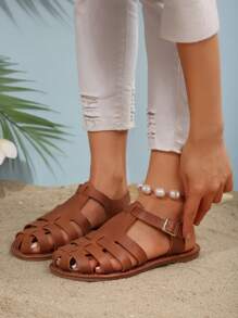 Sandálias Casuais Planas de Estilo Vintage Fechadas na Ponta 2025, Sapatos Romanos com Design Vazado Respirável Trançado