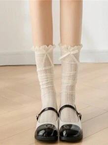 1 đôi tất dài đến đùi màu trắng sữa thời trang dành cho nữ, kiểu dáng ren jacquard khoét lỗ hình nấm và nơ trang trí ở viền, tất dài đến đầu gối kẻ sọc dọc kiểu cổ điển ngọt ngào, thiết kế mỏng nhẹ mùa hè. - Màu be - Xem 4