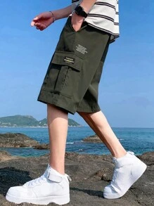 1pc Tween Boy Casual Sports Outdoor Pocket Shorts With Fashion English Iron-On Patches, Spring/Summer - Army Green - View 1