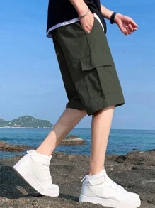 1pc Tween Boy Casual Sports Outdoor Pocket Shorts With Fashion English Iron-On Patches, Spring/Summer - Army Green - View 5