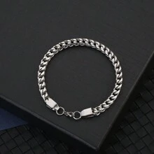 1pc Stainless Steel Fashion Hip-Hop Double Row Front And Back Chain, Men's Punk Braided Bracelet Jewelry Fathers Day Gift School Jewelry Men Y2k Accessories Goth Men's Chains Jeans Accessories Gothic Jewellery Back To School Street Halloween Accessories Streetwear Accessories - Silver - View 2