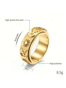 1pc Rotatable Star Moon Sun Ring, Decompression Stainless Steel Finger Jewelry - Gold - View 3
