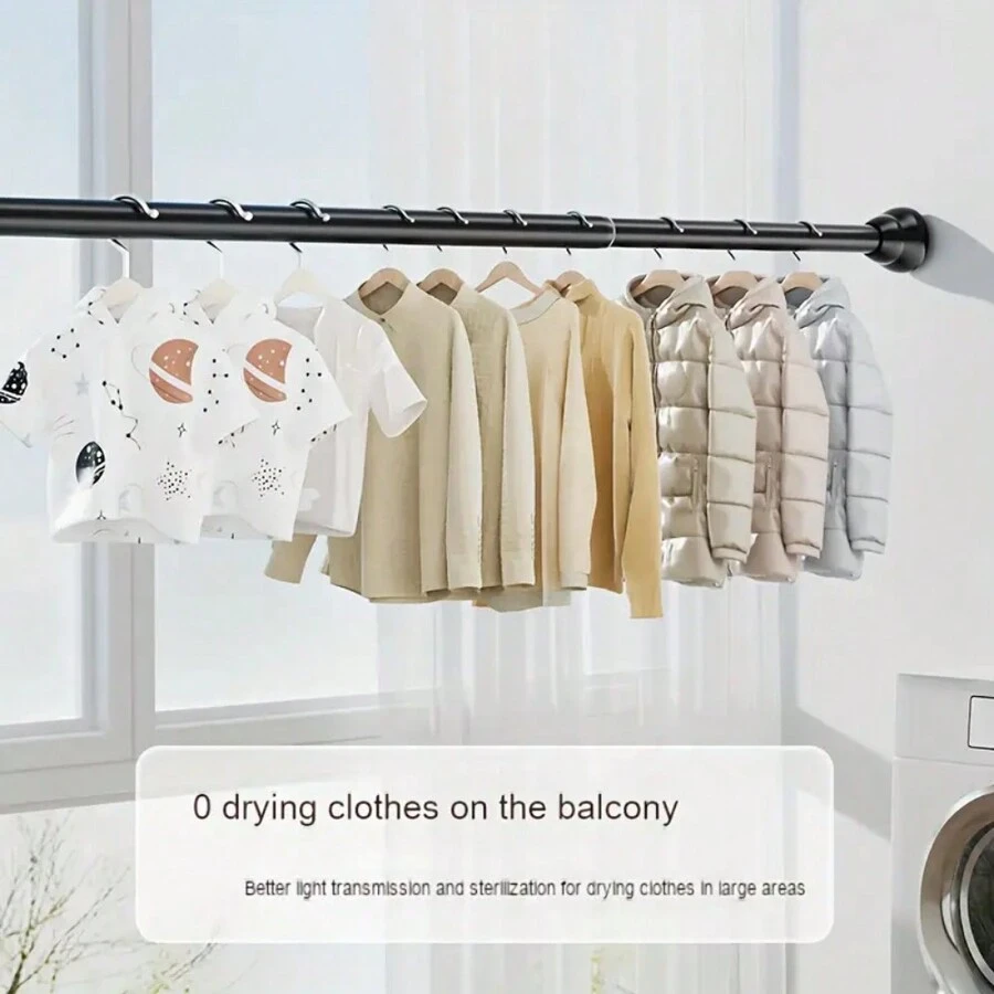 1pc Bathroom Non-Drilling Tension Rod, Stainless Steel Shower Curtain Rail, Adjustable Wardrobe Rod For Bedroom, Balcony Clothes Drying Pole - Black - View 1