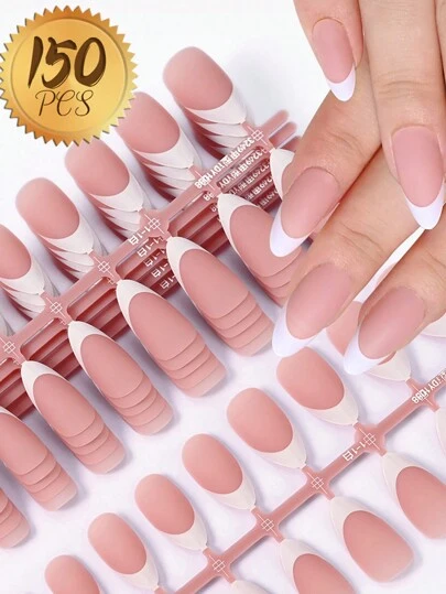French Gel Nail Tips, 150Pcs Short Almond Gel Nail Tips, French Tips Press On Nails, French Square 3 In 1 Pre-French Gel Tips, Fake Nails For Nail Art DIY 15 Sizes Nail Supplies