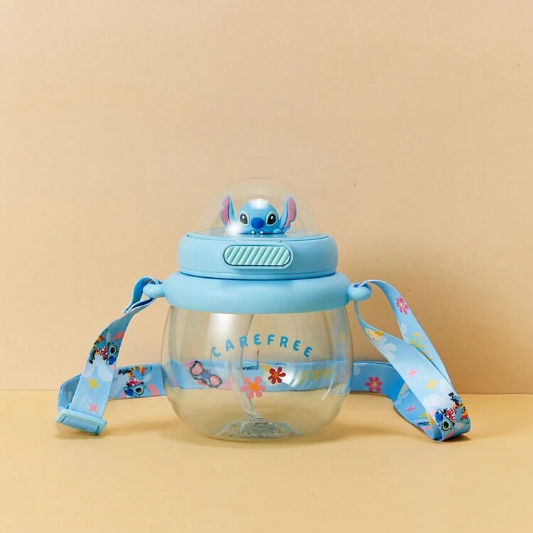 Miniso Vaso de plástico de gran capacidad de Stitch de 800 ml con pajita y correa ajustable, cierre de botón y diseño a prueba de fugas, regalo ideal de cumpleaños o Ramadán para fans de Stitch - Celeste - Añade 3