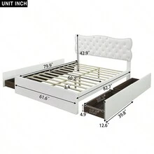 MERAX Queen Size Bed Frame With 4 Storage Drawers,Leather Upholstered Platform Heavy Duty Bed,Wood Slat Support - trắng - Xem 4