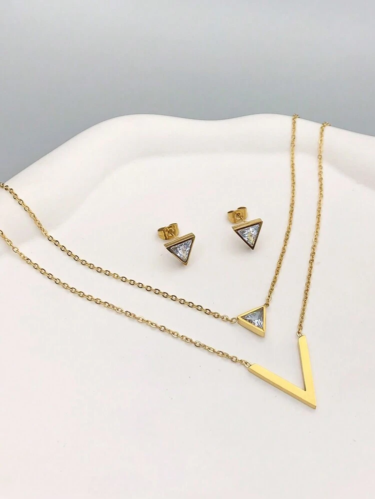 3pcs Set V-Shaped Rhinestone 18K Gold Plated Stainless Steel Double Layer Necklace & Earrings, Perfect Birthday, Christmas, New Year, Date, Dance Party Jewelry Set, Bohemian Style, Ideal For Anniversary, Mother's Day, Date, Dance, Back To School, Wedding, Business, Vacation And Casual Occasions