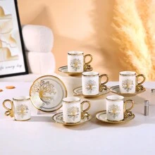 6 piezas Juego de taza y platillo de estilo europeo, borde dorado, taza de café y platillo de cerámica de 2.8oz, adecuado para desayuno, té de la tarde, fiesta de té, hogar, jardín, restaurante y otras ocasiones. Vajilla para verano e invierno, juego de taza y platillo, esencial para la temporada de regreso a clases.