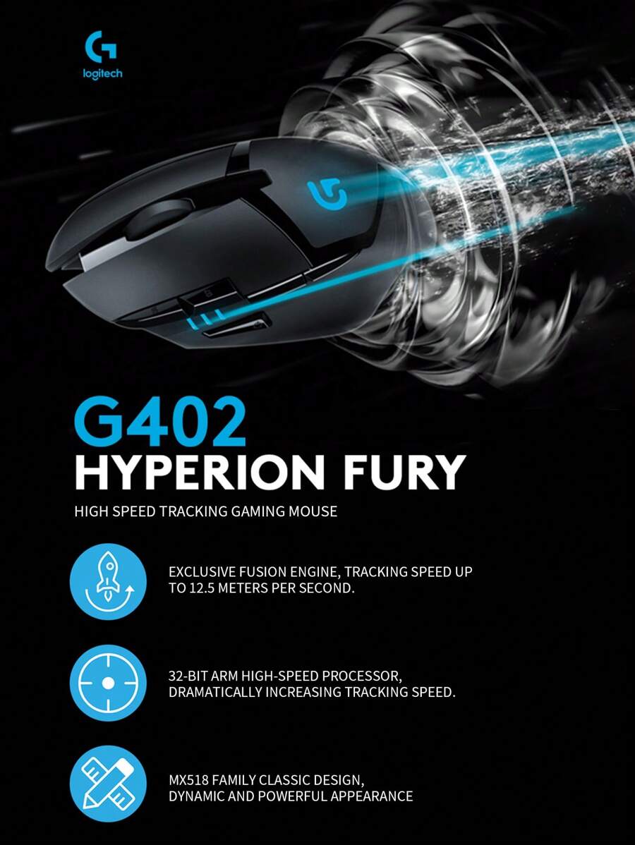 Ratón de juego con cable G402 Hyperion Fury, 4.000 DPI, ligero, 8 botones programables, compatible con PC - Negro - Negro - Ver 1