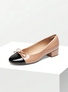 Women's Low Chunky Heel Ballet Pumps Closed Toe Bowknot Detail Single Shoes,Comfortable & Fashionable Slip-On Work Shoes Valentines - 杏色 - 查看 4