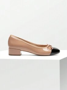 Women's Low Chunky Heel Ballet Pumps Closed Toe Bowknot Detail Single Shoes,Comfortable & Fashionable Slip-On Work Shoes Valentines - 杏色 - 查看 5