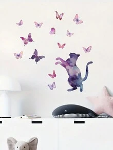 1入組水彩貓剪影和紫色蝴蝶圖案DIY自粘防水育兒室裝飾貼紙，自帶粘性裝飾貼紙，輕鬆裝飾美化家居 - 彩色 - 查看 5