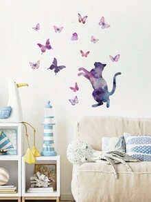 1入組水彩貓剪影和紫色蝴蝶圖案DIY自粘防水育兒室裝飾貼紙，自帶粘性裝飾貼紙，輕鬆裝飾美化家居 - 彩色 - 查看 1