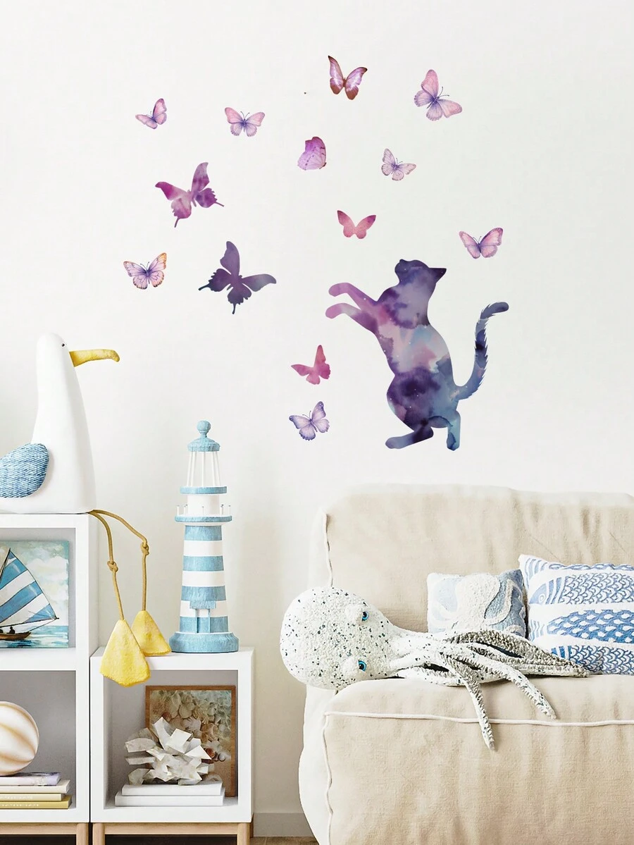 1入組水彩貓剪影和紫色蝴蝶圖案DIY自粘防水育兒室裝飾貼紙，自帶粘性裝飾貼紙，輕鬆裝飾美化家居 - 彩色 - 查看 1