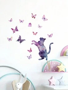 1入組水彩貓剪影和紫色蝴蝶圖案DIY自粘防水育兒室裝飾貼紙，自帶粘性裝飾貼紙，輕鬆裝飾美化家居 - 彩色 - 查看 3
