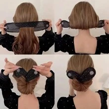 1pc Women's Glittering Rhinestone Decorated Bowknot Mesh Hair Twist Clip Bun Maker, Suitable For Parties