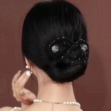 1pc Women's Glittering Rhinestone Decorated Bowknot Mesh Hair Twist Clip Bun Maker, Suitable For Parties