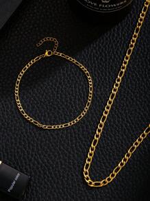 2pcs/Set Boys Minimalist Golden Plated Stainless Steel Figaro Chain Necklace & Bracelet For Kids For Party Banquet Festival Dates For Daily Wear