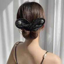 1pc Women's Glittering Rhinestone Decorated Bowknot Mesh Hair Twist Clip Bun Maker, Suitable For Parties